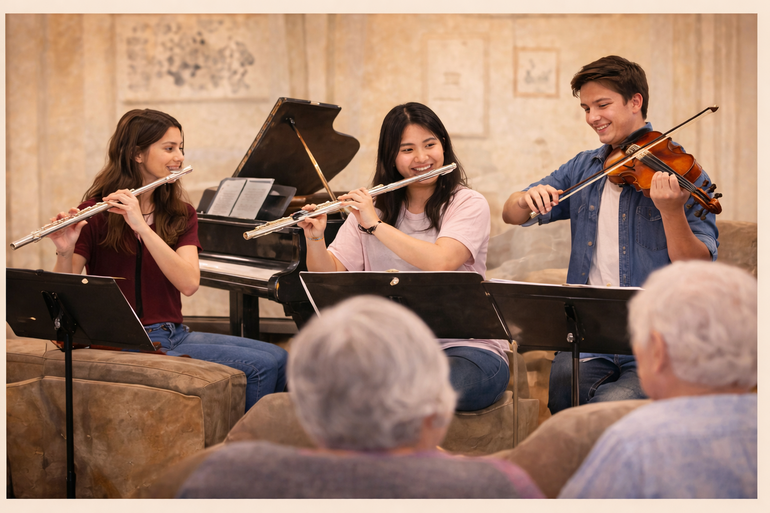 Student musicians performing together for seniors